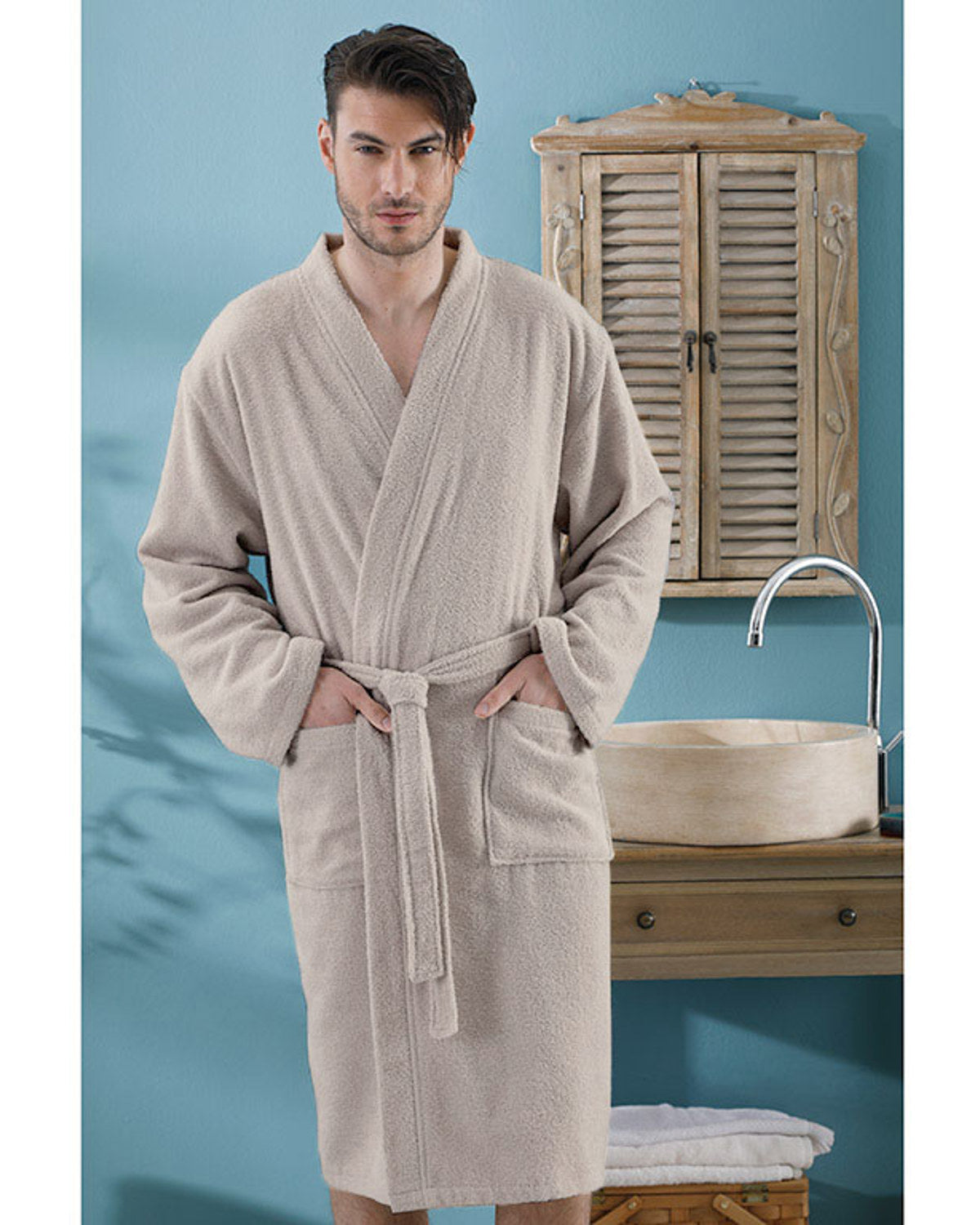 Plain Cotton Men’s Bathrobe S-M Light Beige