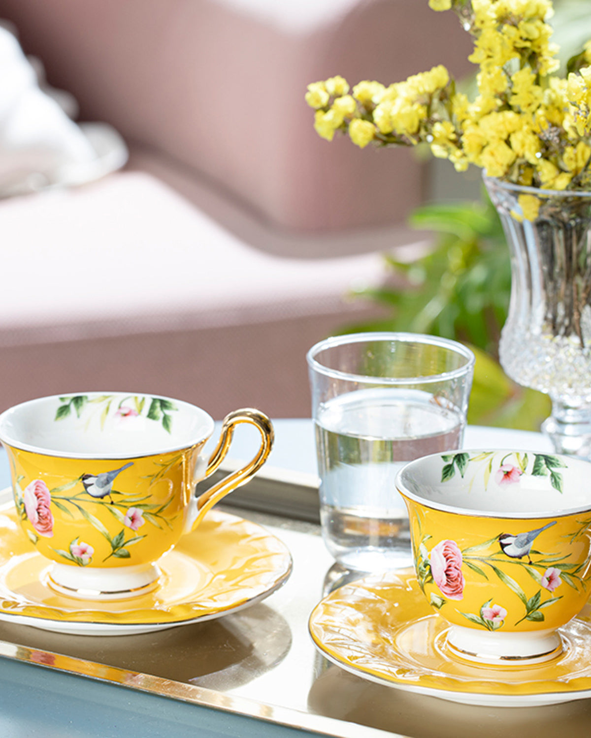 Vanilla New Bone China 4 Pieces 2 Servings Coffee Cup Set 90 ml - Yellow & Violet - Yellow