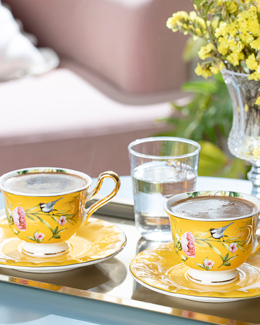 Vanilla New Bone China 4 Pieces 2 Servings Coffee Cup Set 90 ml - Yellow & Violet - Violet (view 2)