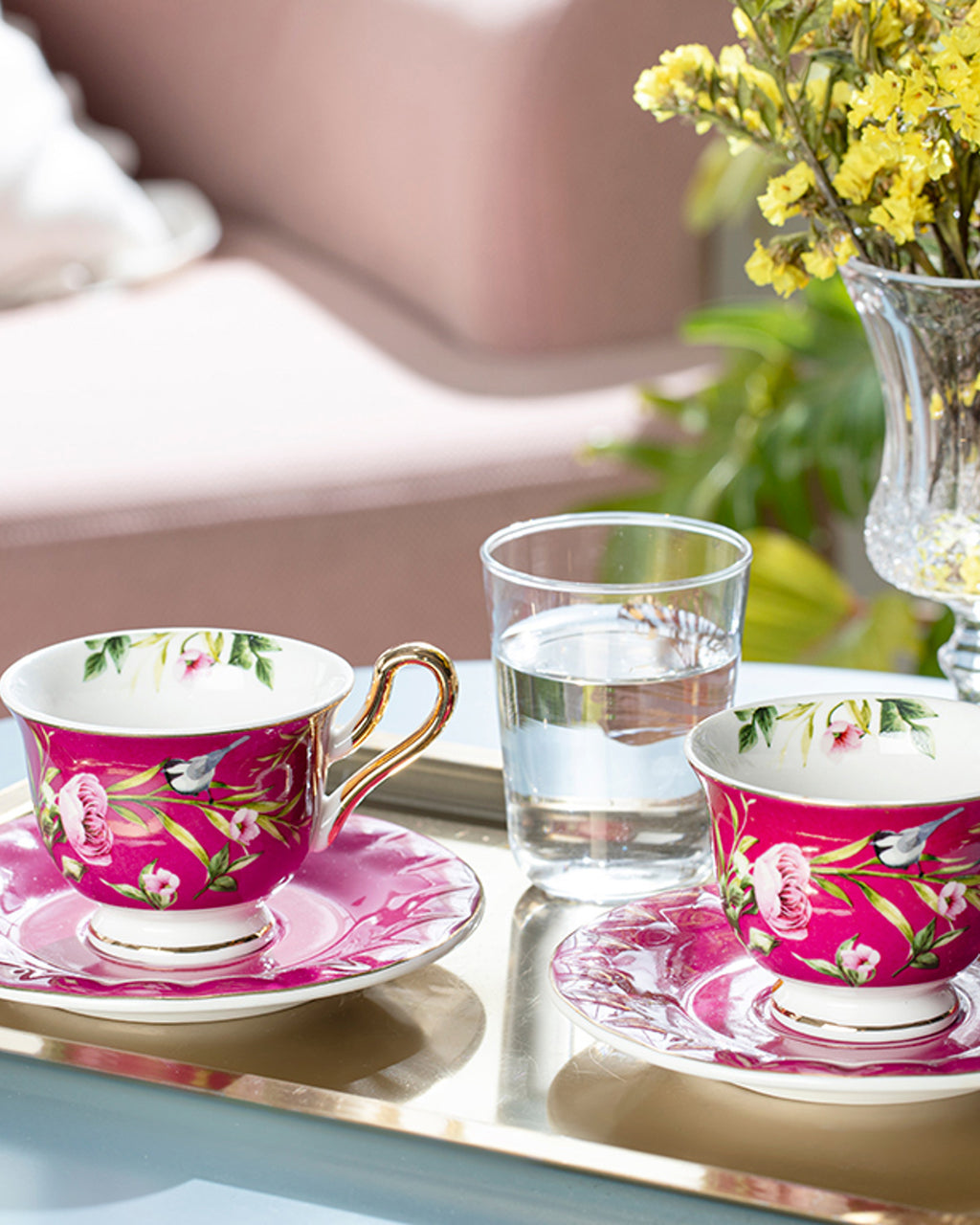 Vanilla New Bone China 4 Pieces 2 Servings Coffee Cup Set 90 ml - Yellow & Violet (view 4)