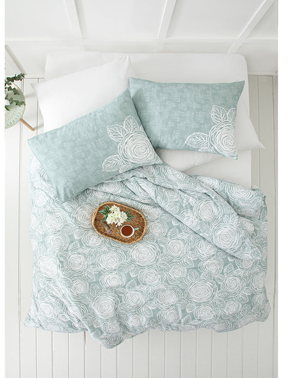 Shabby Rose Crêpe Duvet Cover Set Celadon (view 6)