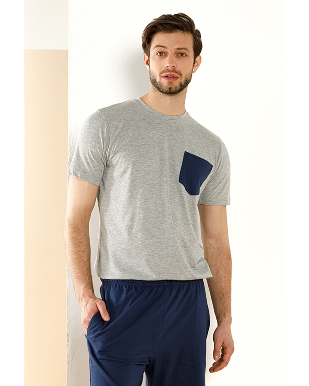 Plain Blue Cotton Polyester Pajama Set M Navy Blue