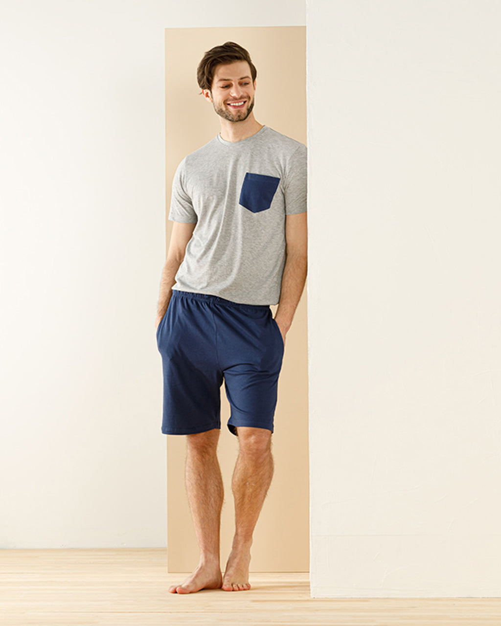 Plain Blue Cotton Polyester Pajama Set M Navy Blue (view 3)
