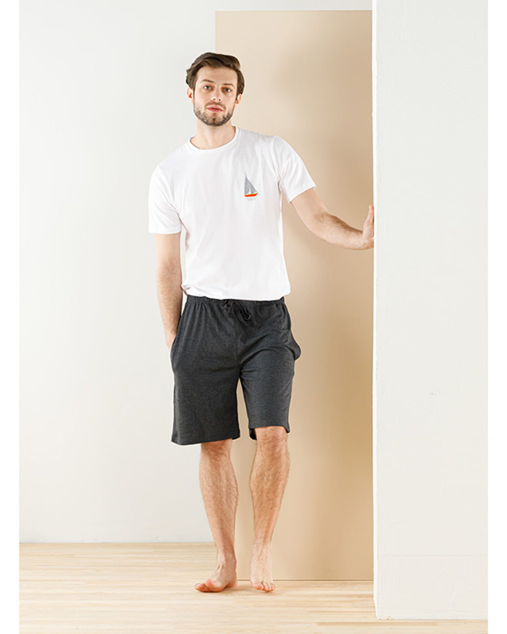 Sailboat Cotton Polyester Round Collar Pajama Set M Anthracite (view 2)