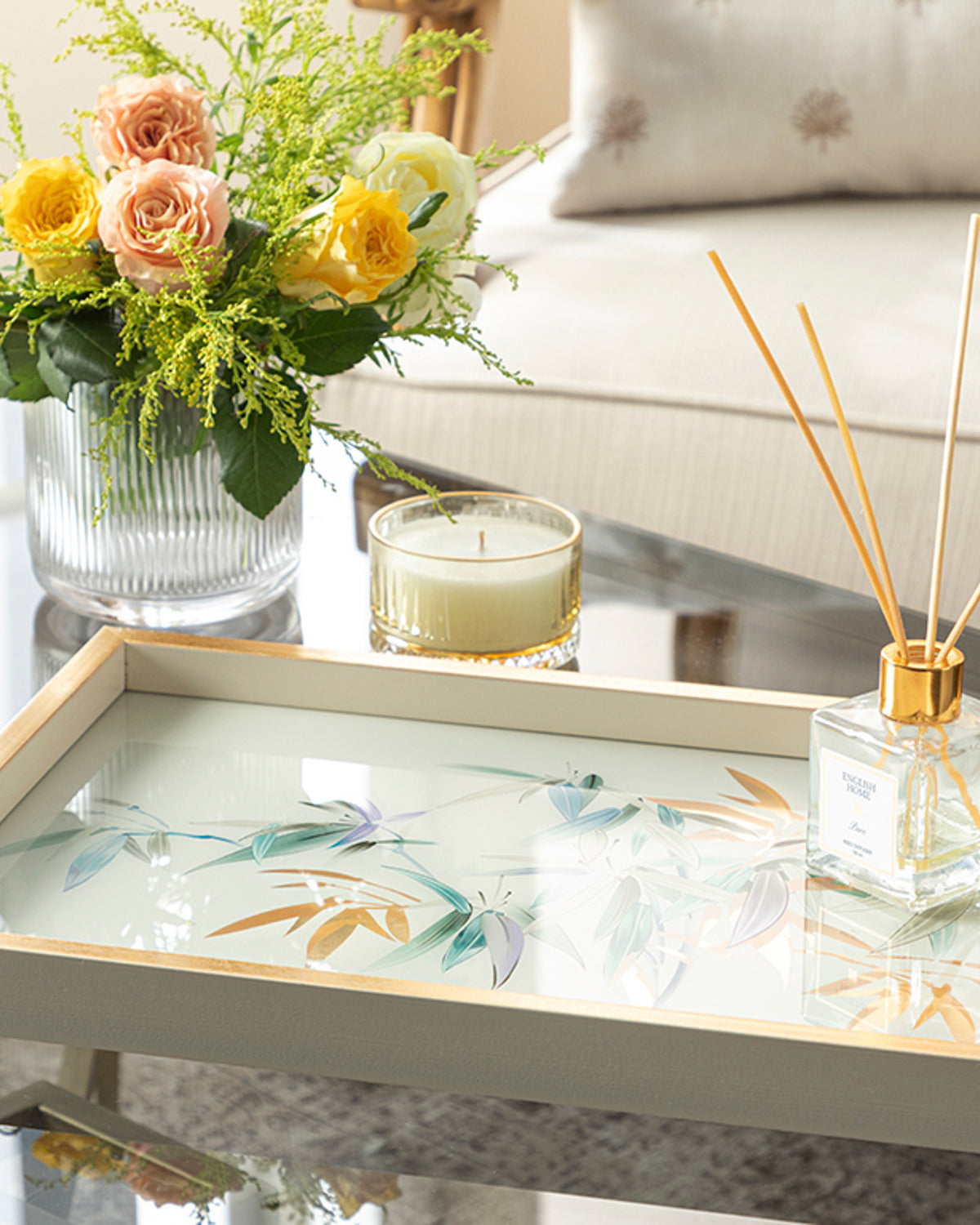 Bamboo Glass Decorative Tray 30x42 cm Cream - Gold