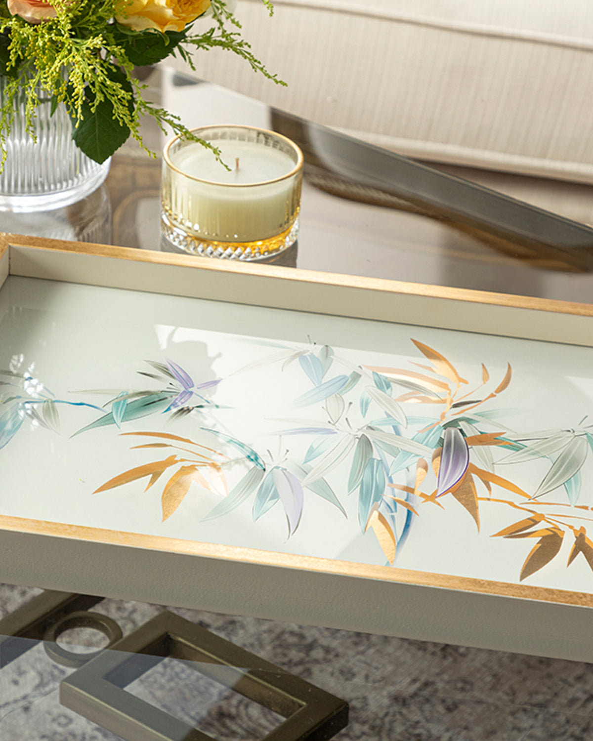 Bamboo Glass Decorative Tray 30x42 cm Cream - Gold (view 2)