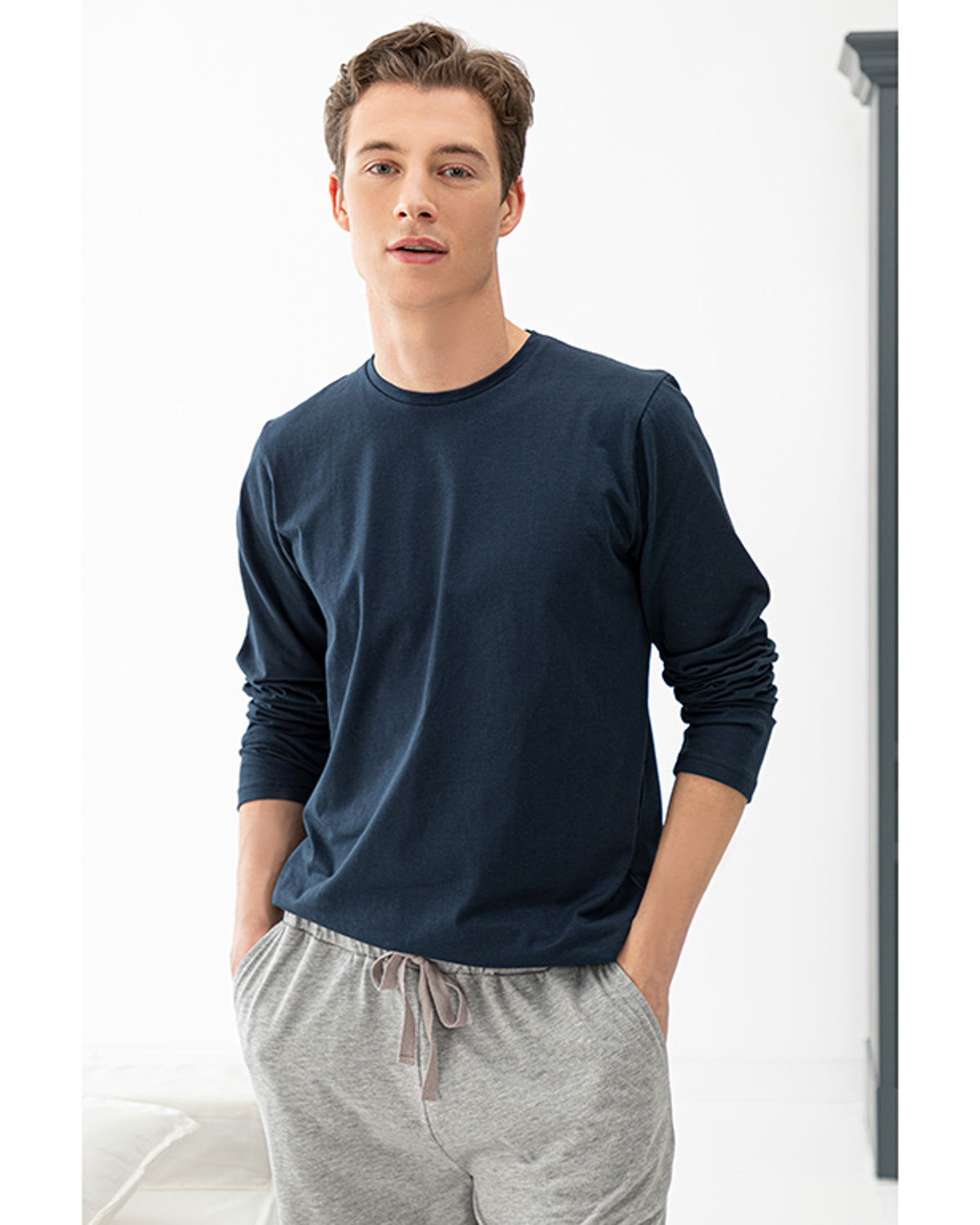 Simple Cotton Combed Cotton Men’s Pajama Set S Gray-Navy Blue