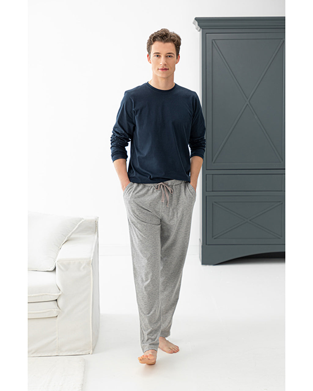 Simple Cotton Combed Cotton Men’s Pajama Set S Gray-Navy Blue (view 2)