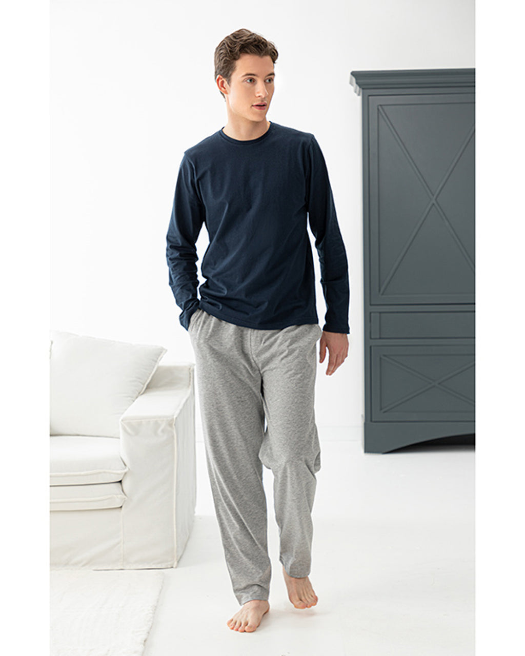 Simple Cotton Combed Cotton Men’s Pajama Set S Gray-Navy Blue (view 3)