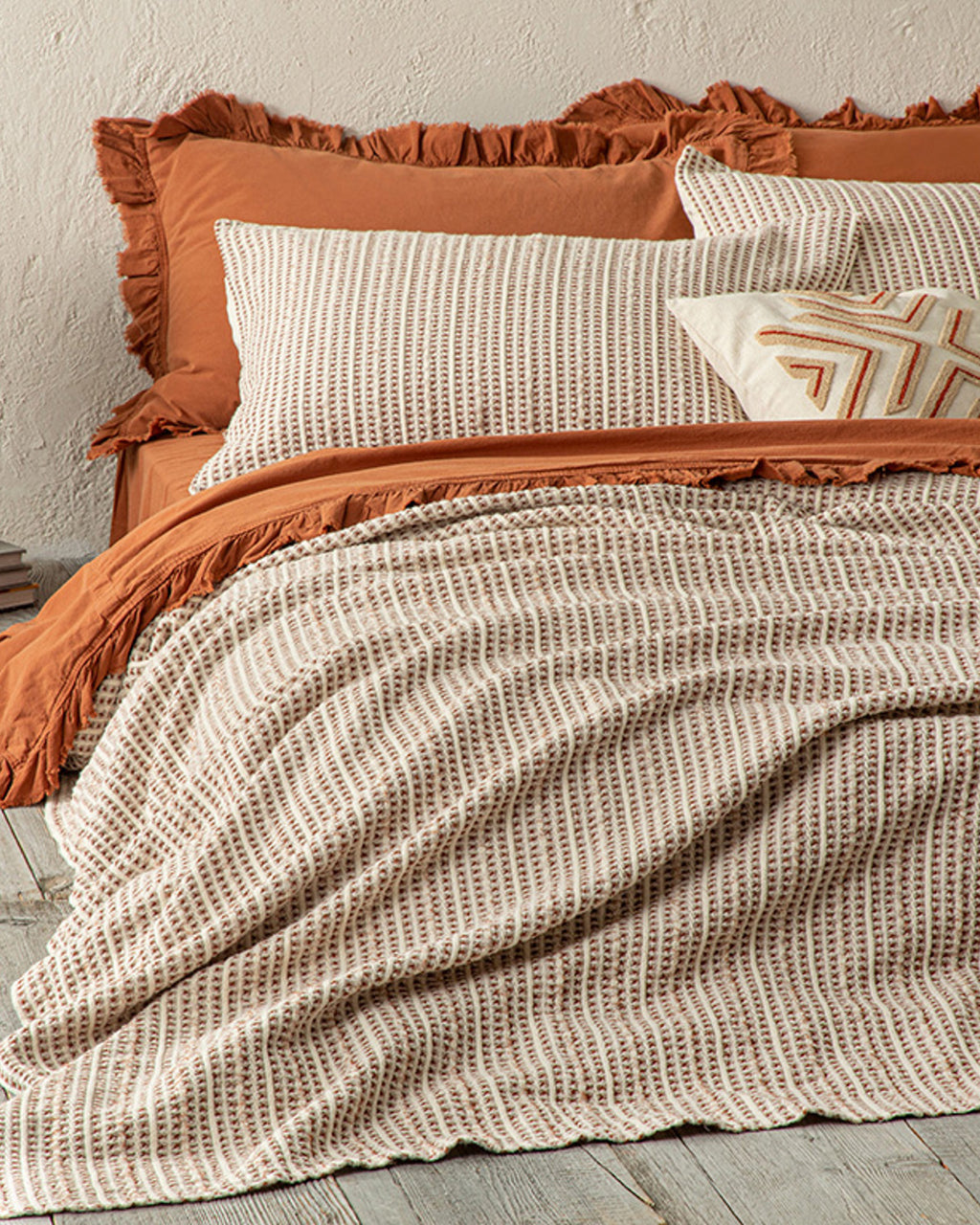 Azure Waffle Jacquard Single Size Bed Spread Set 160x240 cm - Terracotta