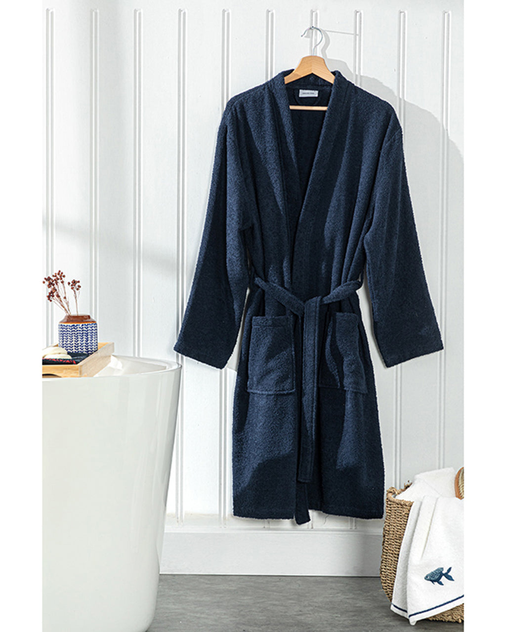 Plain Cotton Bathrobe S-M Navy Blue