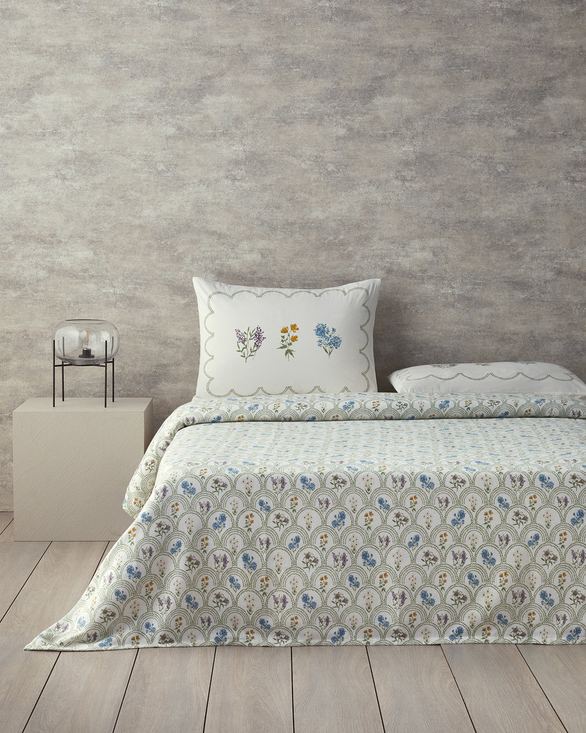 Floral Wreaths Printed Double Size Summer Blanket Set 200x220 cm Green