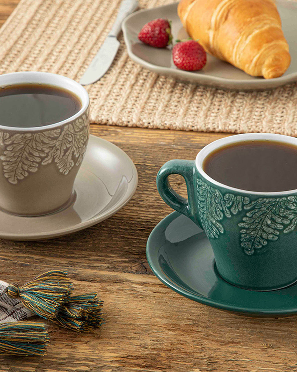 Rila Stoneware 4 Pieces 2 Servings Tea Cup Set 250 ml Beige - Green