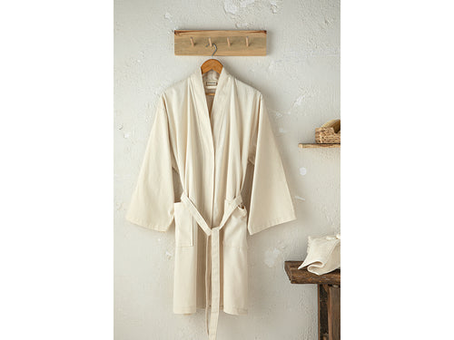 Bohemian Cotton Kimono Bathrobe Beige - S-M