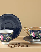 Vanilla New Bone China 4 Pieces 2 Servings Coffee Cup Set 90 ml - Navy Blue & Light Pink - Navy Blue