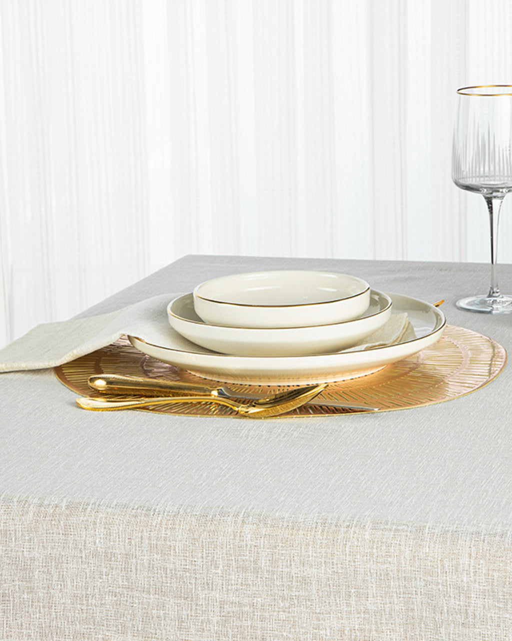 Luxe Linen Look Polyester Table Cloth 150x200 cm Beige (view 2)