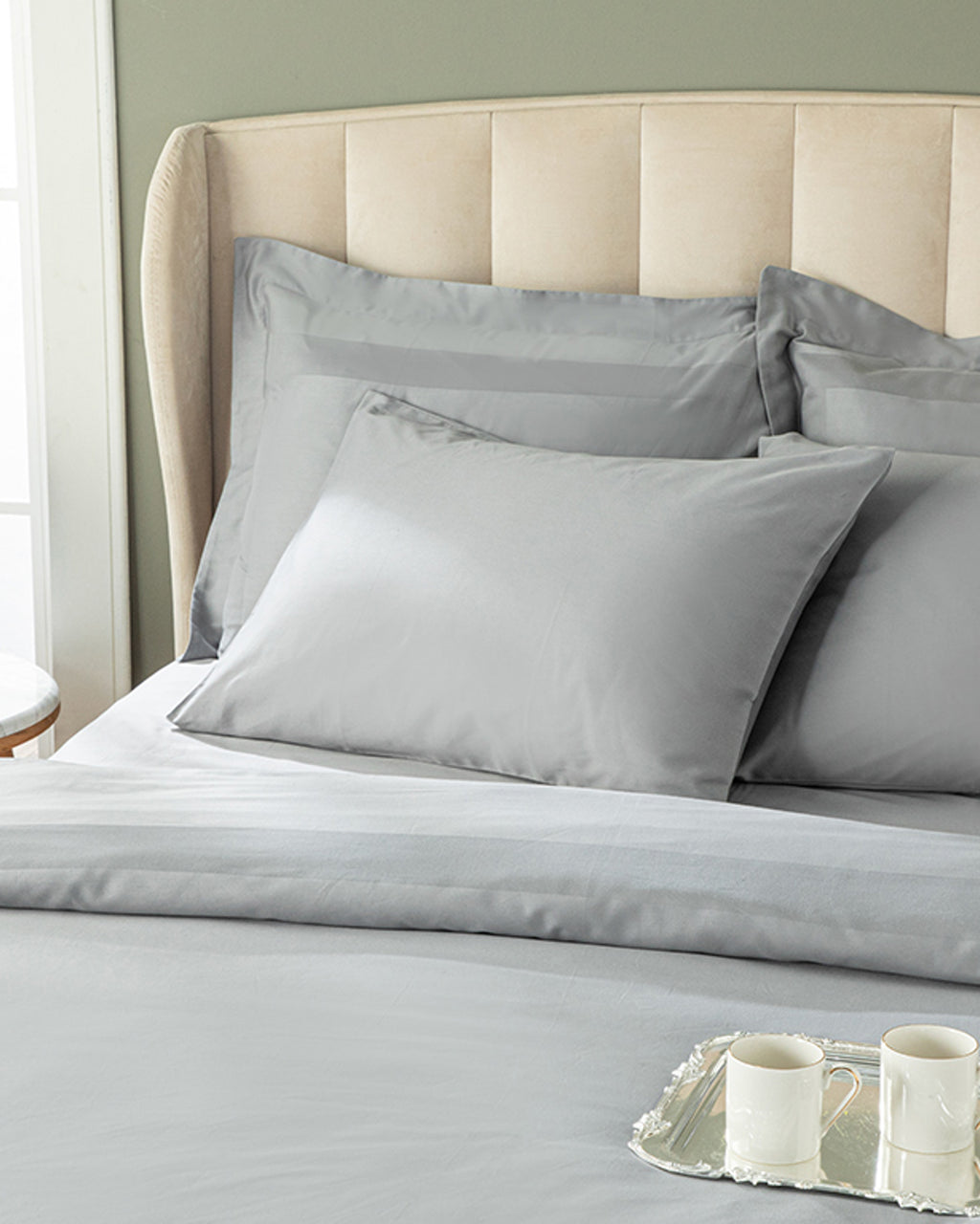 Vivian Framed Cotton Satin Double Size 4 Pillows Duvet Cover Set-Flat Sheet 200x220 cm Gray (view 2)