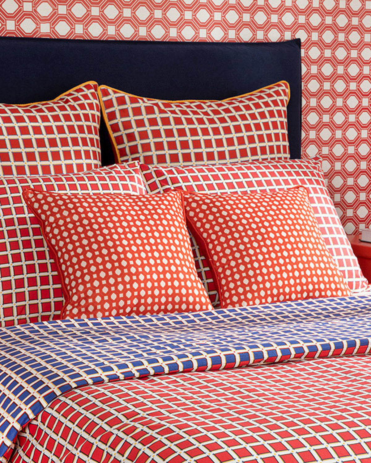 Tesselation Cotton Duvet Cover Set Red - Navy Blue (view 3)