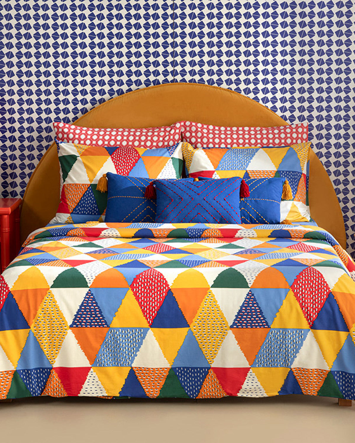 Triangles Cotton Double Size Duvet Cover Set 200x220 cm Yellow - Orange