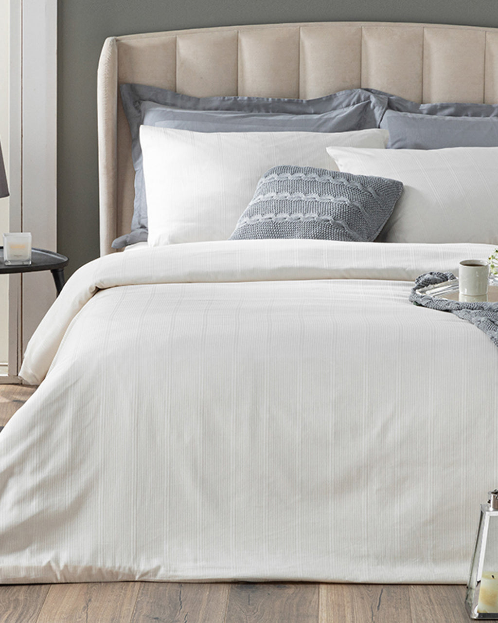 Listra Striped Cotton Satin Duvet Cover Set - Ivory - Double 200x220 cm