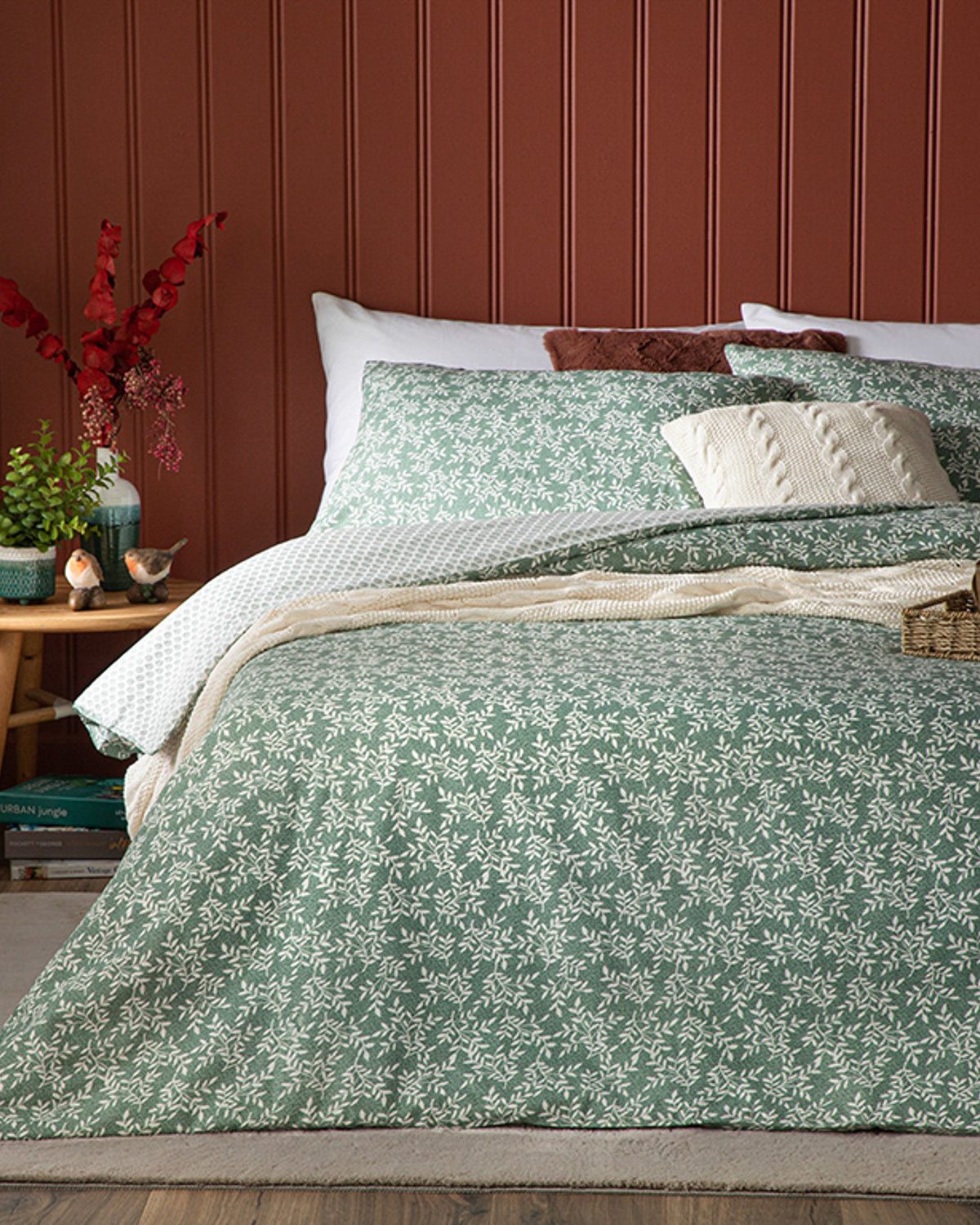 Olive Branch Crêpe Single Size Duvet Cover Set-Flat Sheet 160x220 cm Green