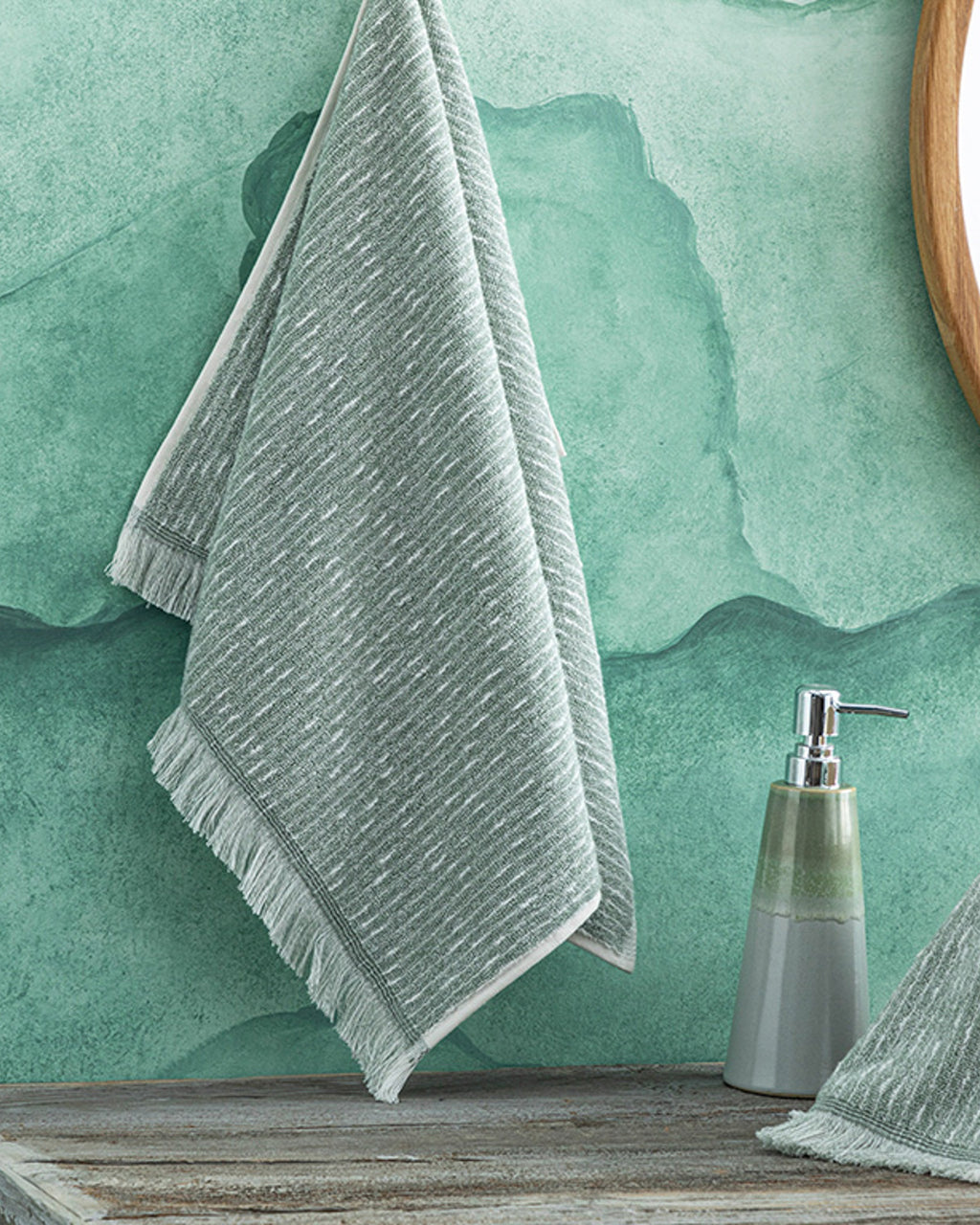 Hybrid Cotton Fringed Face Towel 50x70 cm Ecru - Green