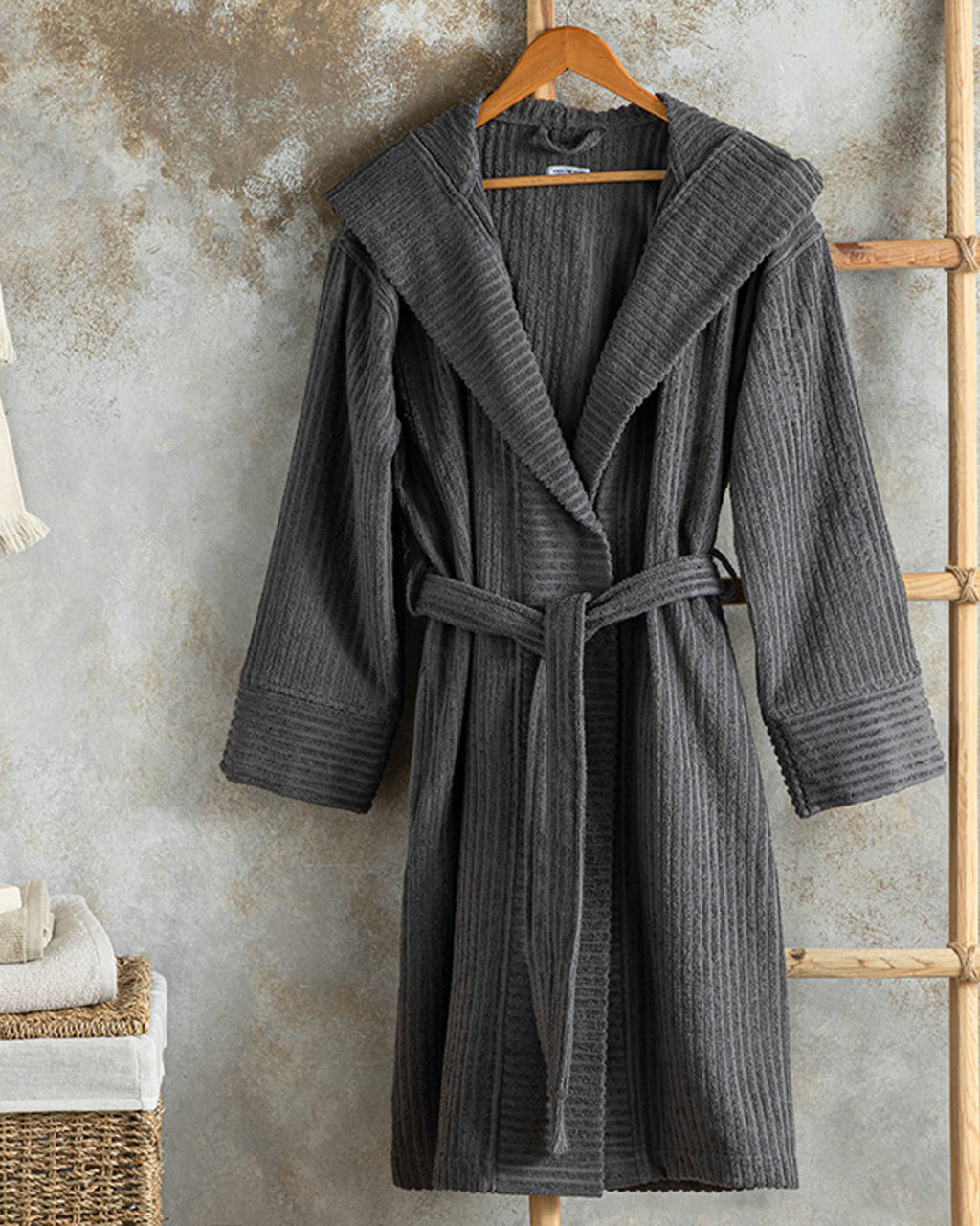 Stripe Cotton Twill Bathrobe S-M - Anthracite