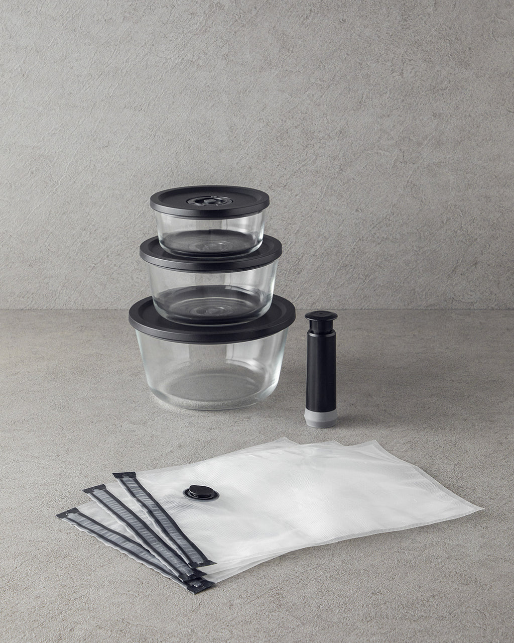 Vacuum Pro Lock Glass 7 pcs with Vacuum Device Storage Container 820 + 1550 + 2700 ml Black