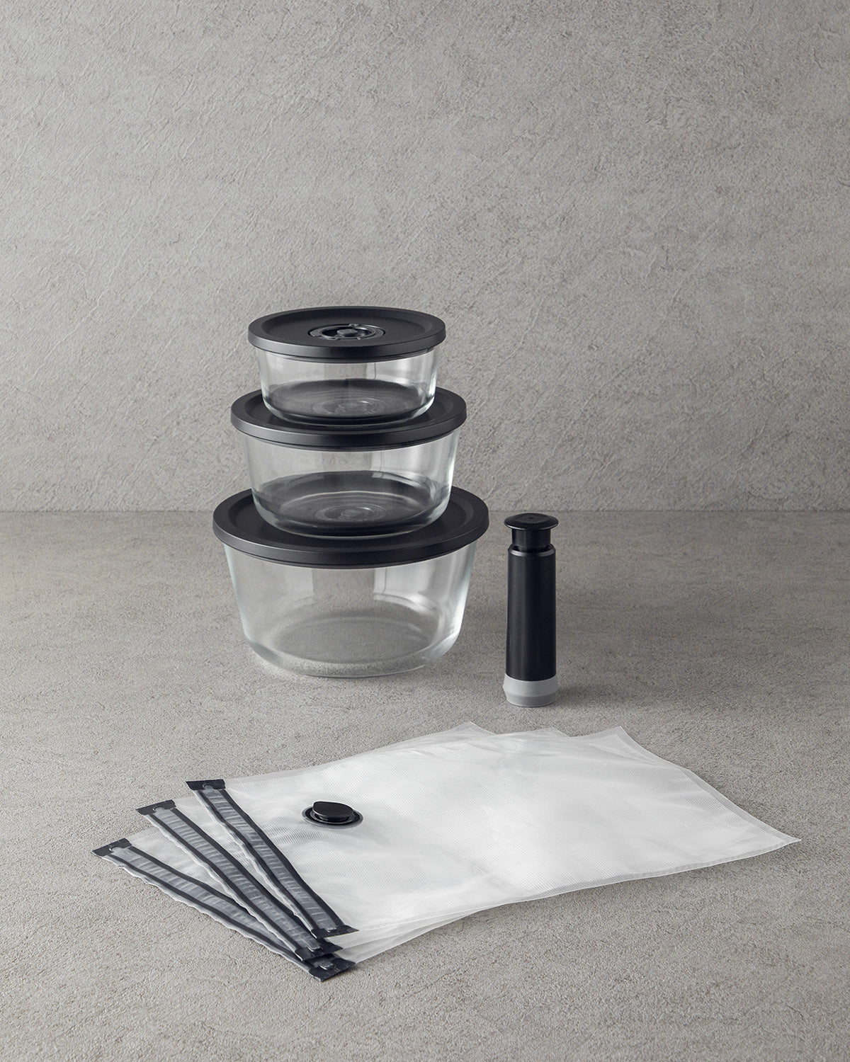 Vacuum Pro Lock Glass 7 pcs with Vacuum Device Storage Container 820 + 1550 + 2700 ml Black