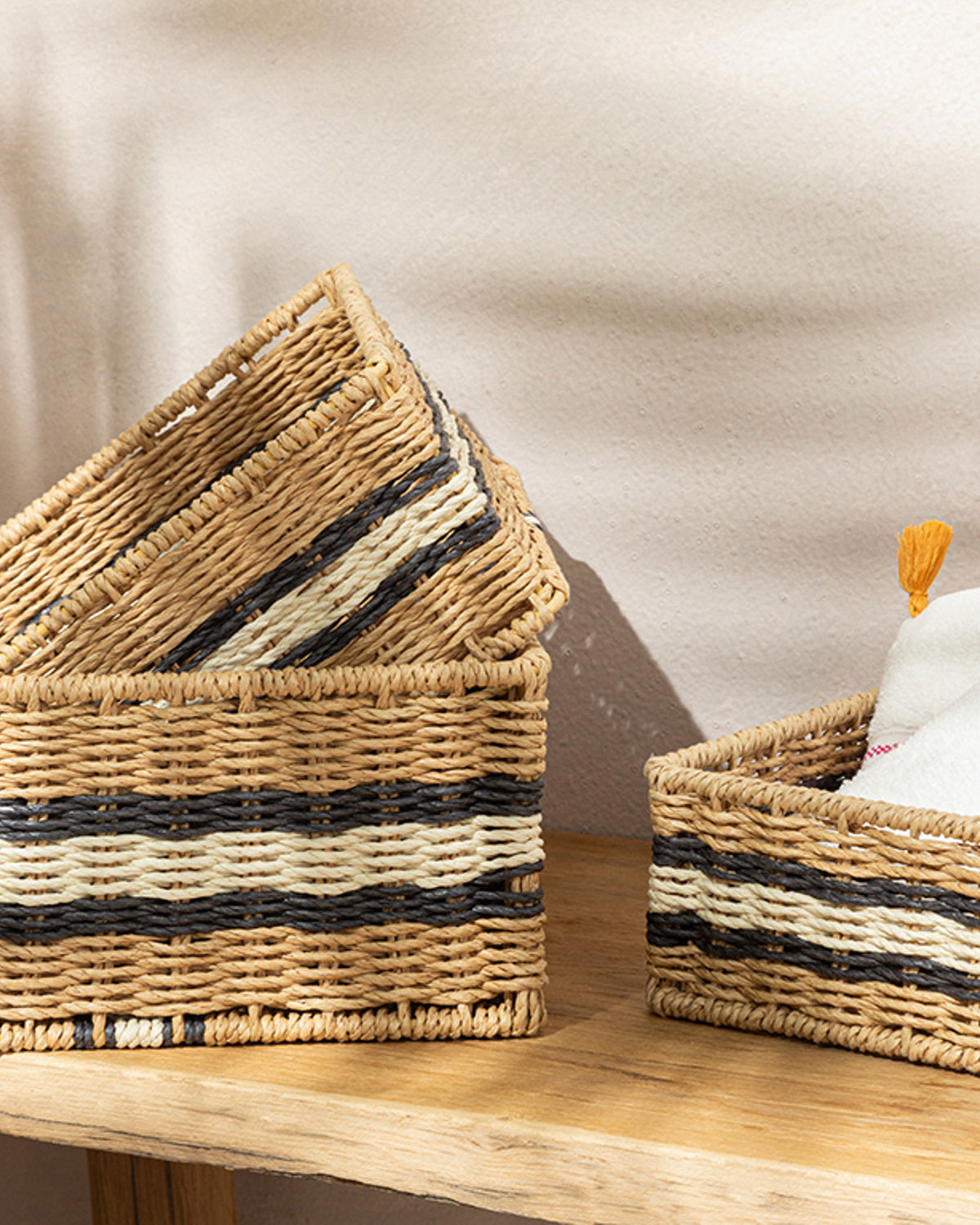 Venice Knitting Basket 26x26x12cm Natural - Black (view 3)