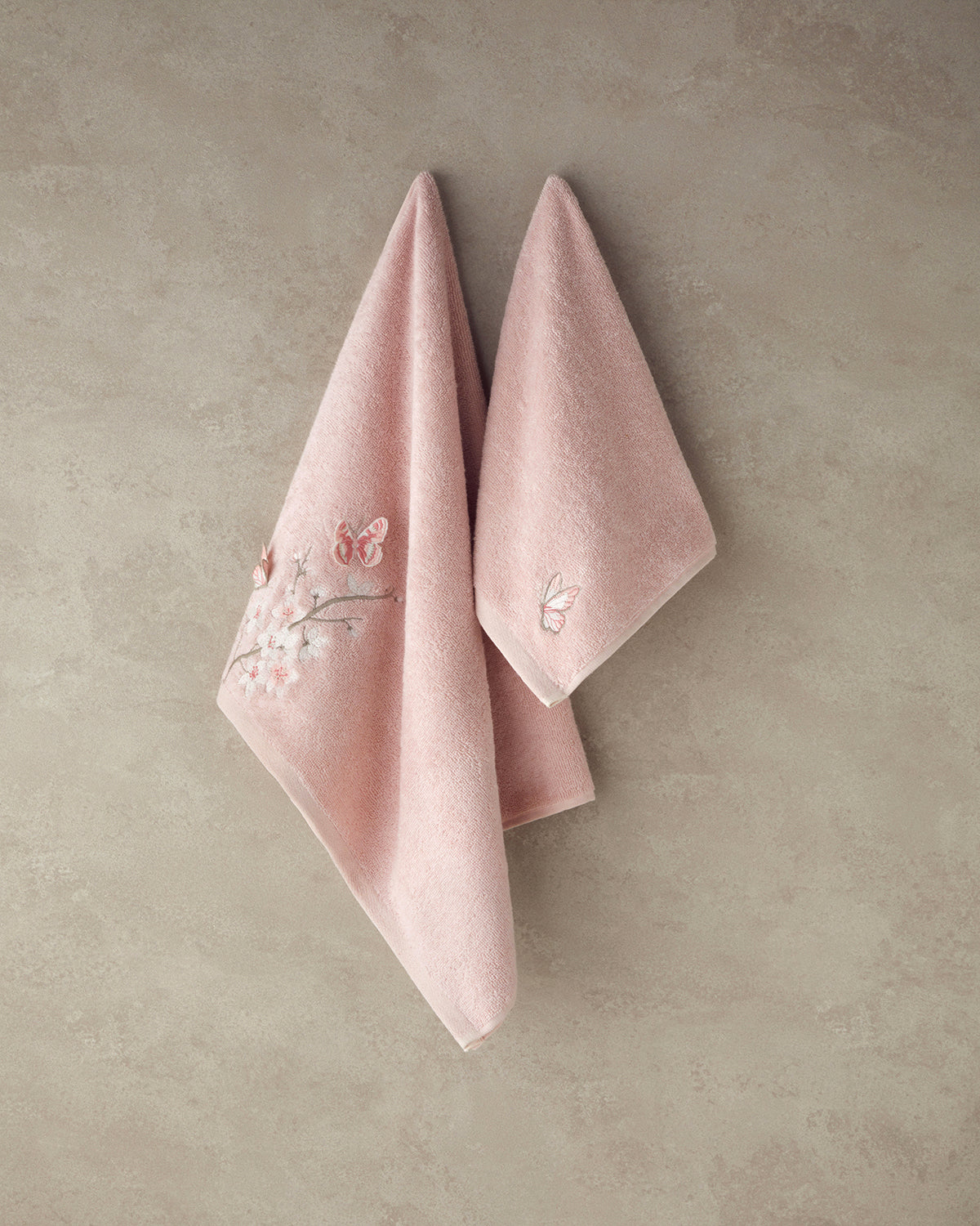 Mariposa Cotton Embroidered Face Towel Set 30x45+50x80 cm Pink