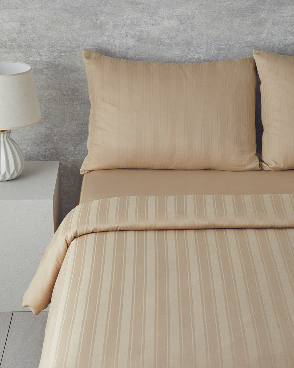 Lior Striped Cotton Satin Duvet Cover Set - Gold, Dark Damson & Green (view 8)