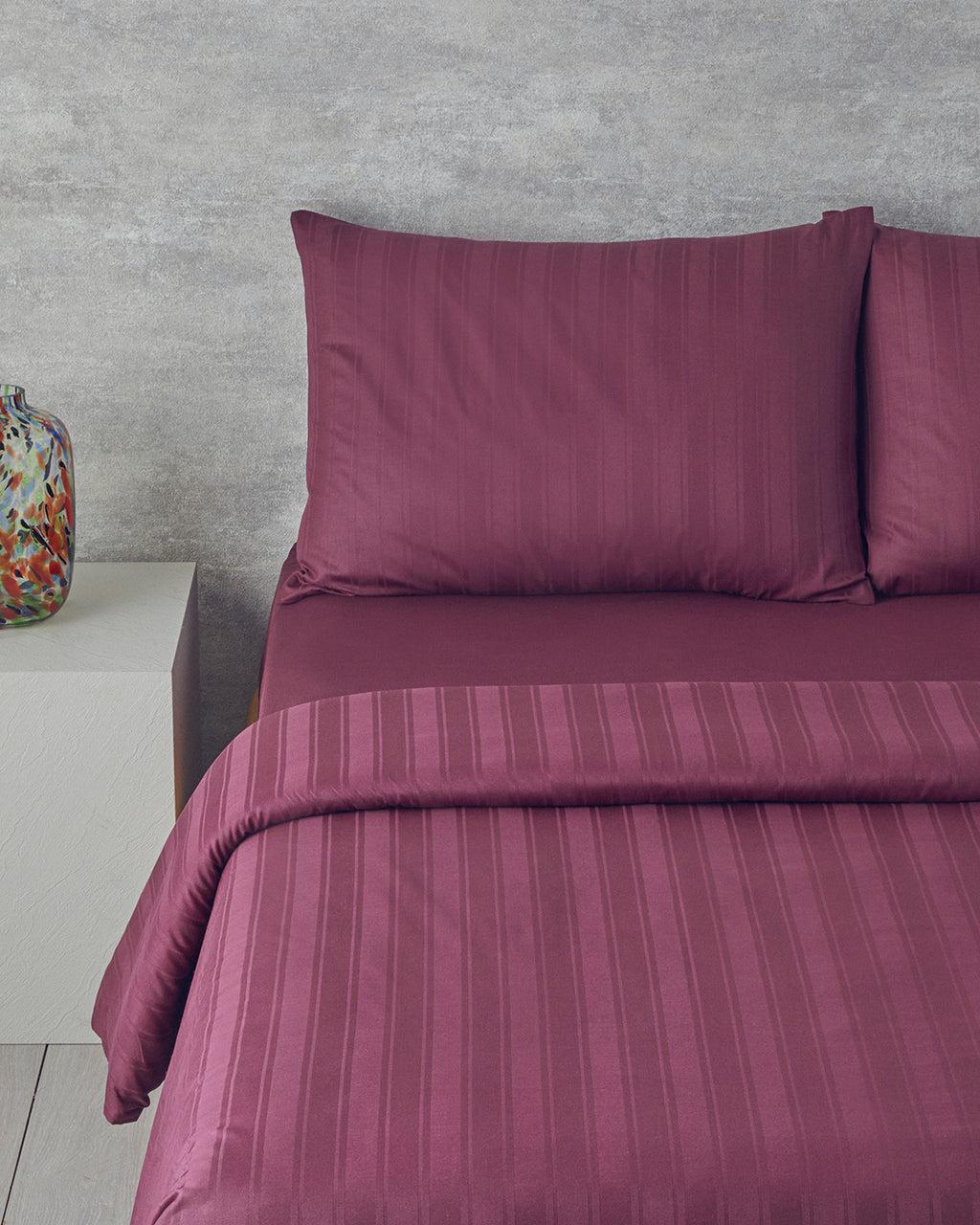 Lior Striped Cotton Satin Duvet Cover Set - Gold, Dark Damson & Green (view 14)
