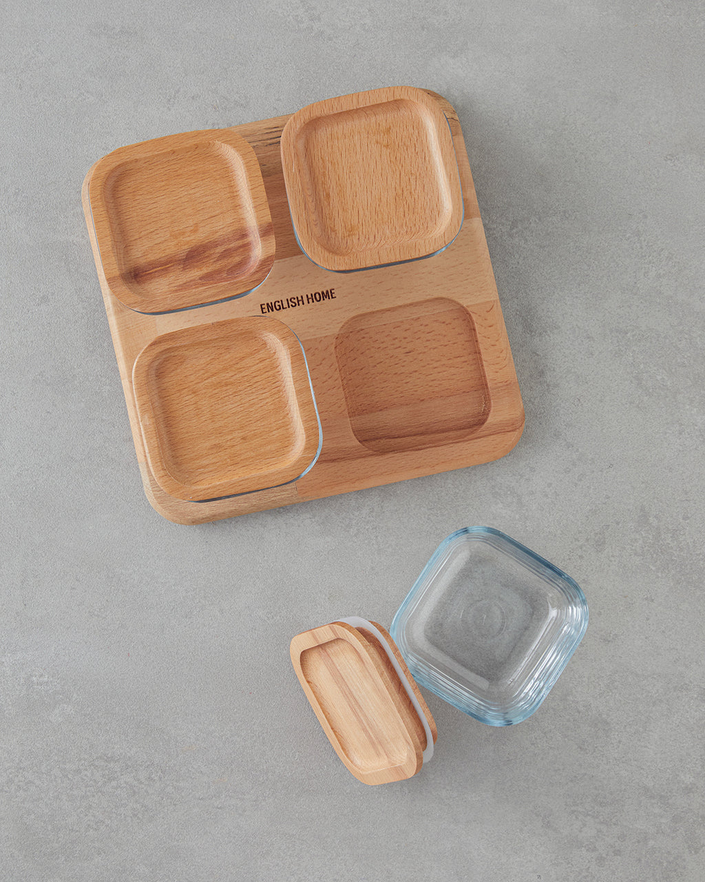 Pico Glass Wooden Cover with 4 Sections Breakfast Container 21x21 cm Transparent (view 3)
