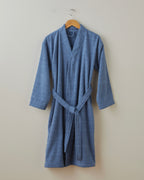 Cotton Bathrobe - White & Navy Blue (view 12)